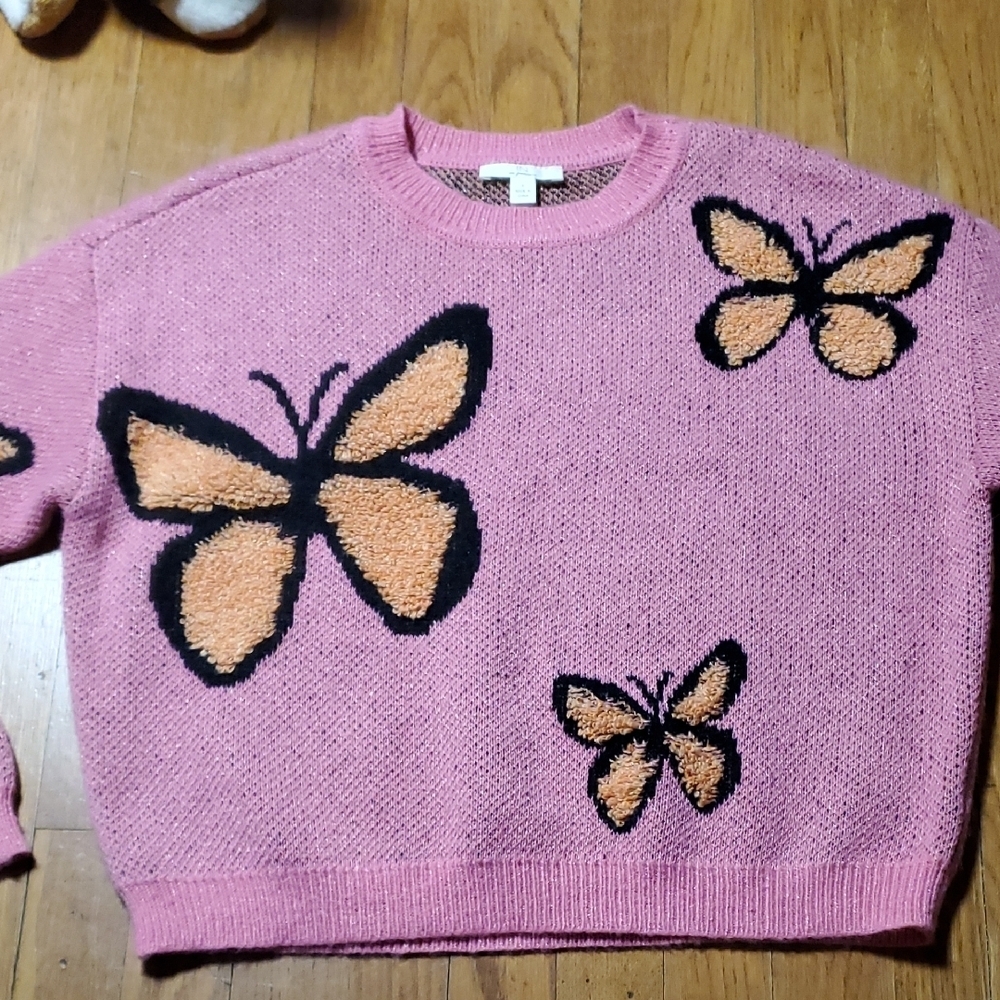 Pink With Orange Butterflies Cropped Sweater